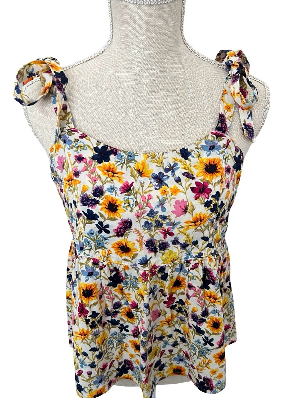 Old Navy White Floral Tie-Shoulder Camisole with Yellow Sunflowers